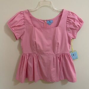 CeCe Pink Puff Sleeve High Waist Square Neck Peplum Blouse Women’s Size M